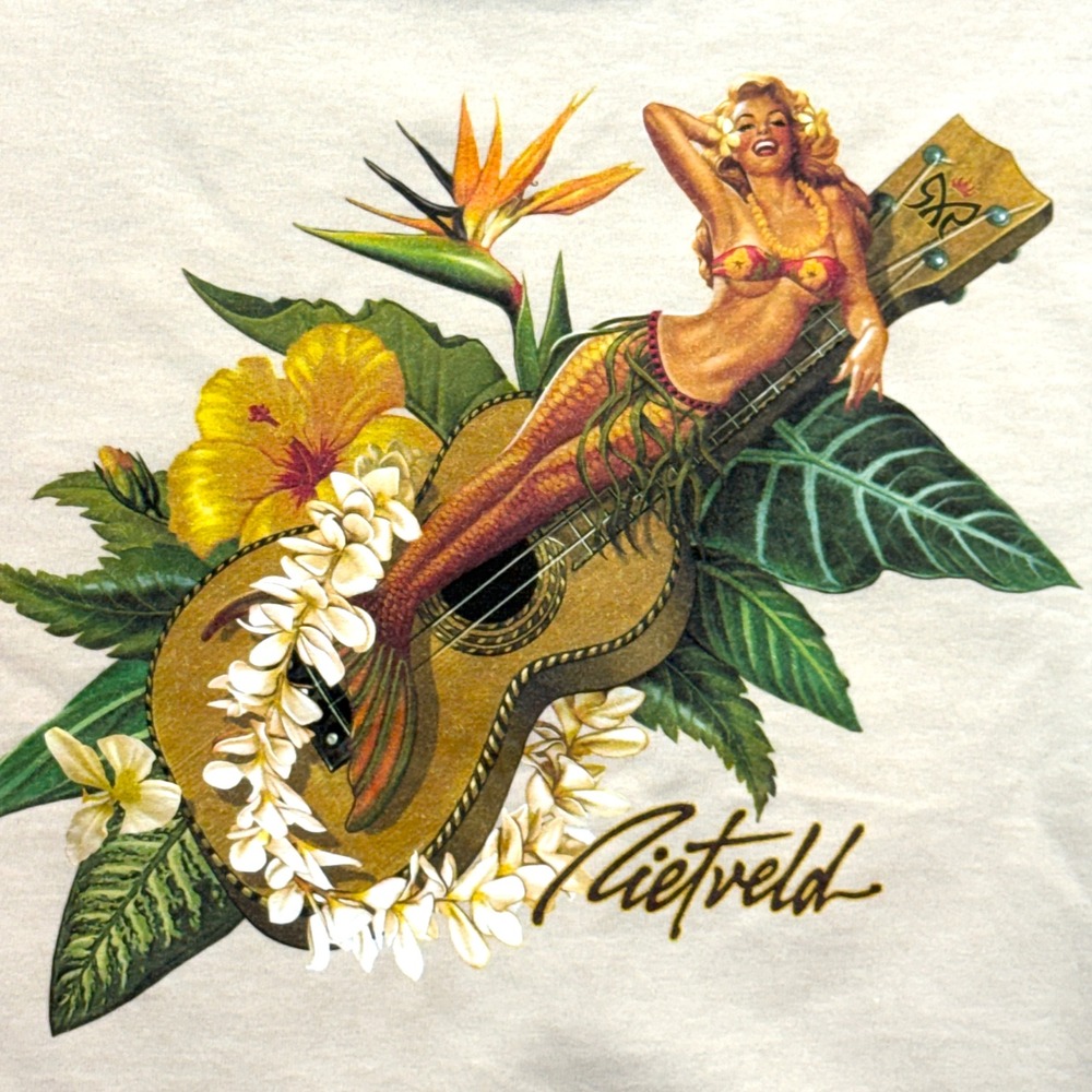 Rietveld Graphic T-Shirt Mens Medium Beige Mermaid Ukulele Surf Skater Tee